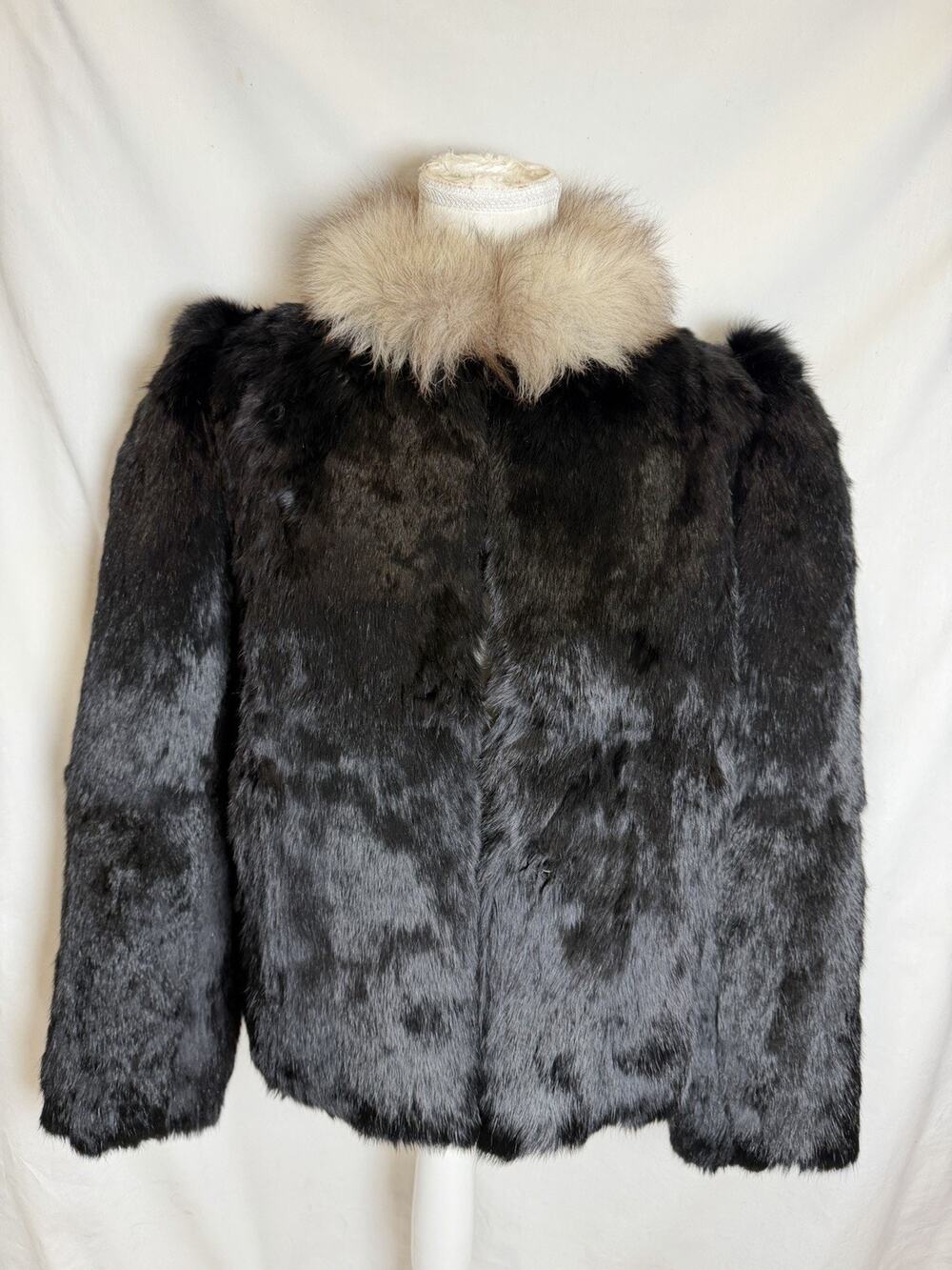 VTG NIKI Rabbit Fur Women’s Black Jacket Sz S Fox Fur Trim Lining Luxury